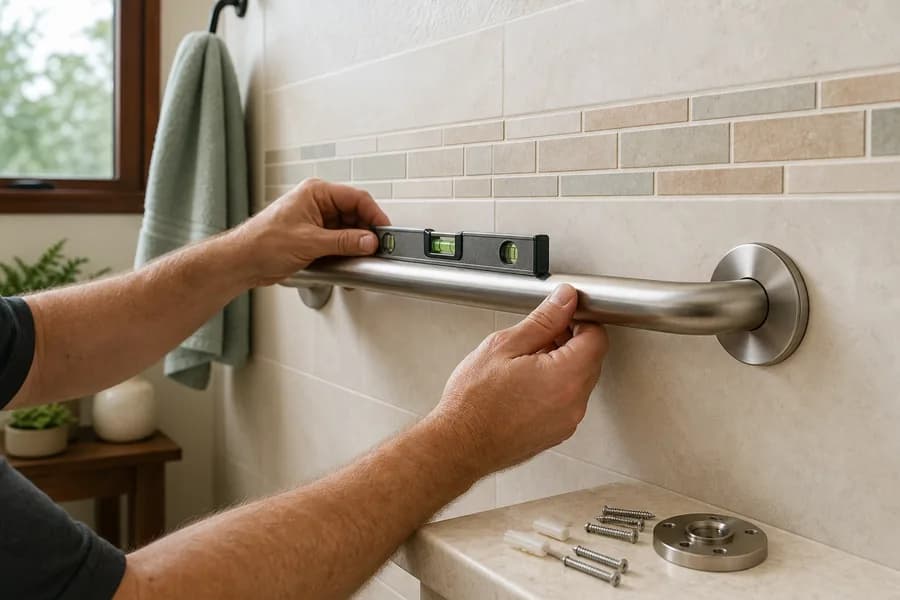 A professional carefully installing a brushed-metal grab bar in a residential bathroom