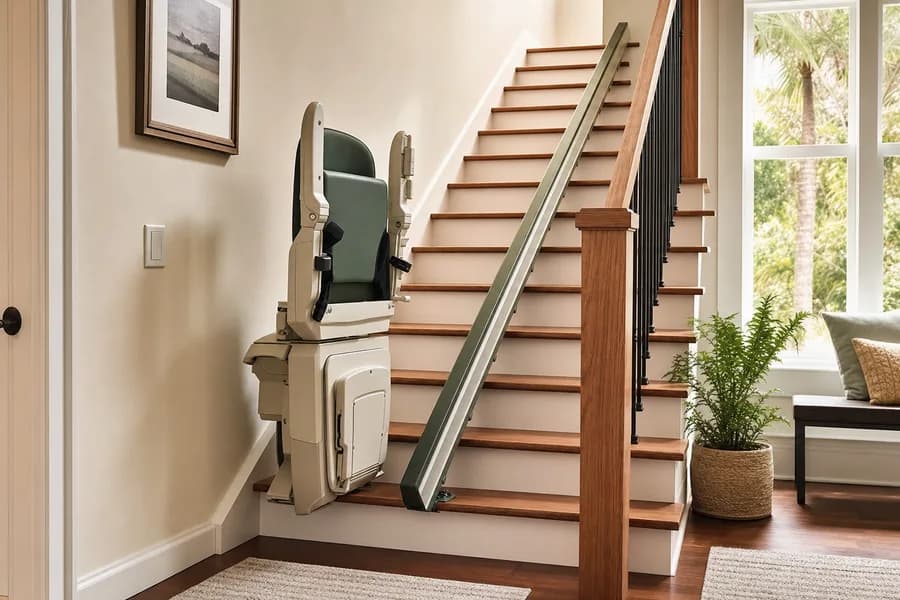 A stair lift installed on a warm wood staircase in a comfortable home